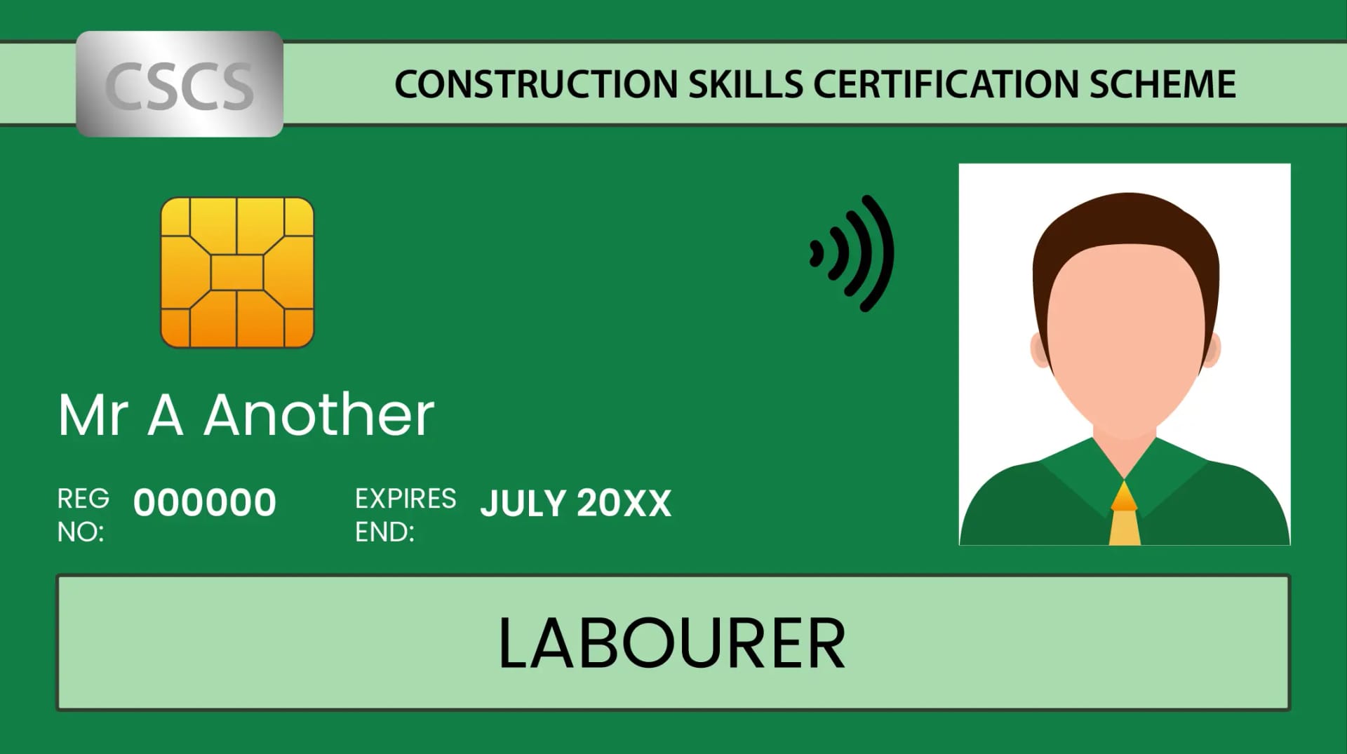 Illustration of an official CSCS Green Labourer Card, which you can apply for after passing your CSCS green card course