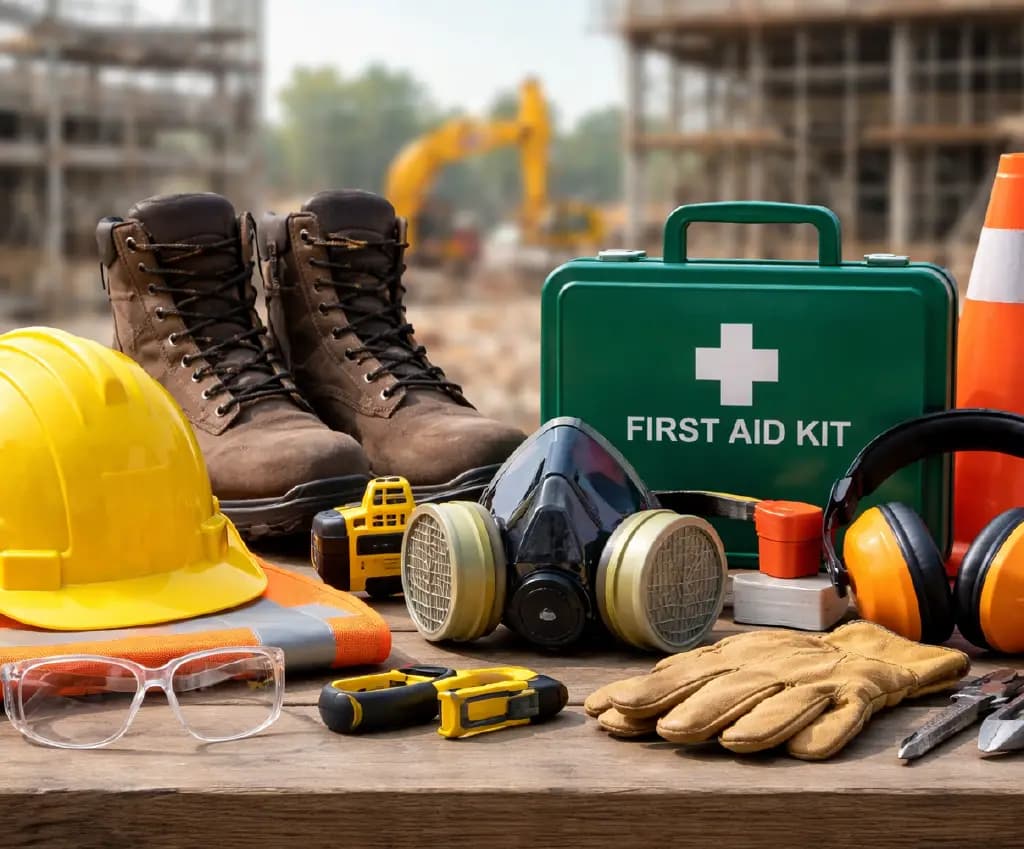 Construction safety gear and tools.